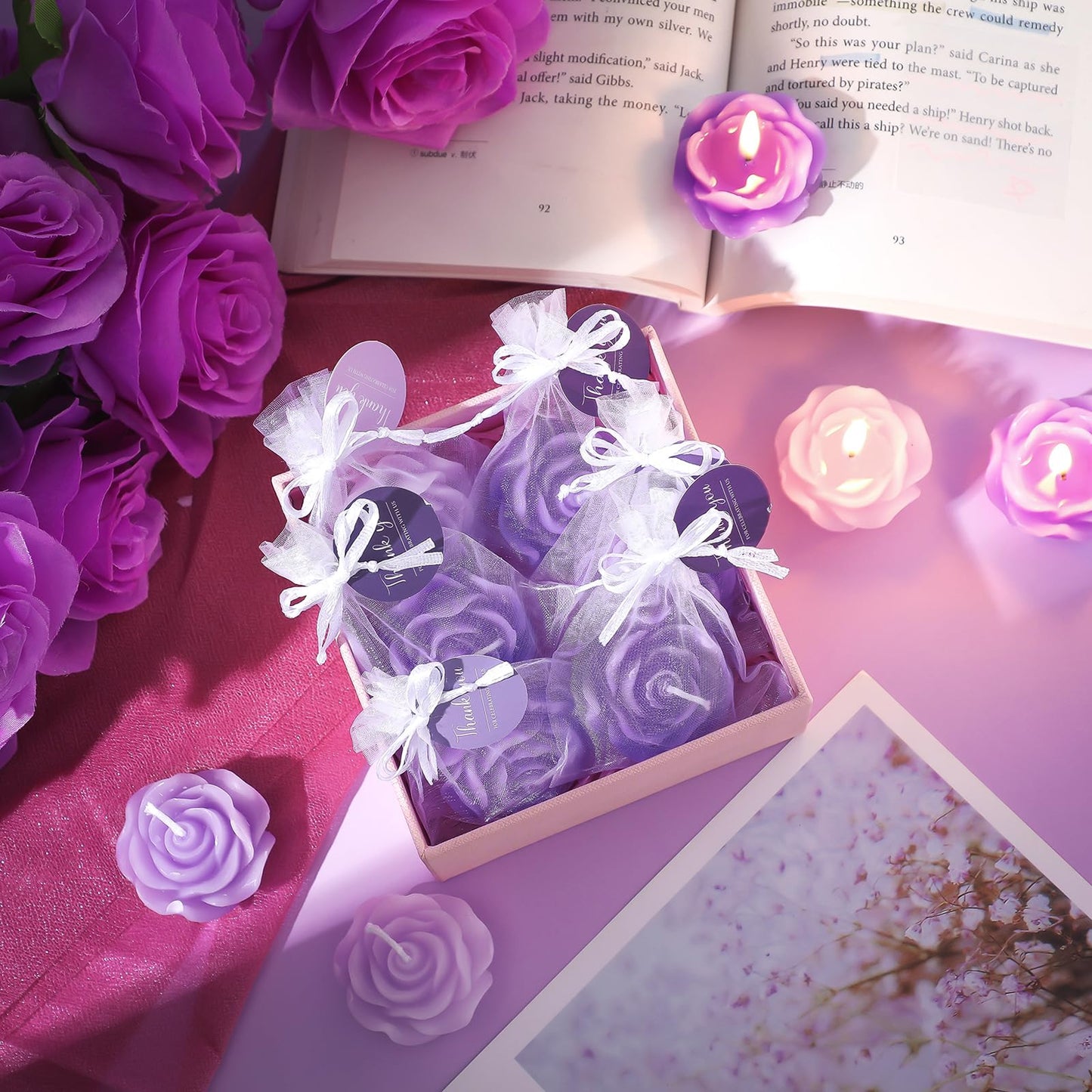 Treela 50 Set Flower Candles Wedding Favor for Guests Mini Purple Rose Shaped Tealight Candles for Return Gift Wedding Birthday Bridal Shower Housewarming Party