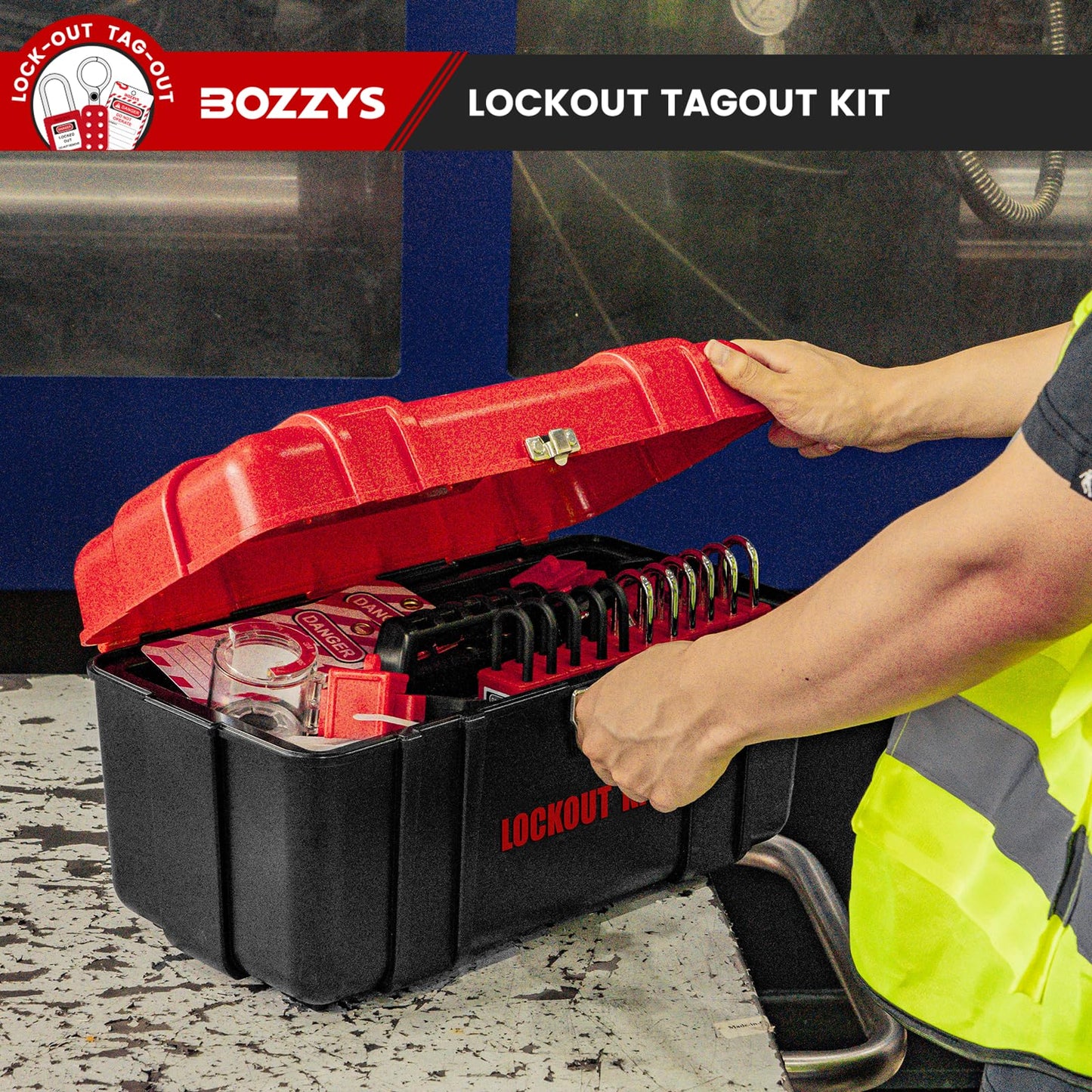 BOZZYS Portable Lockout Tagout Kit - 39 Pack OSHA Compliant | Red Loto Locks to Prevent Accidental Startup | for Industrial Electrical Plug & Breakers Lock Out Tag Out
