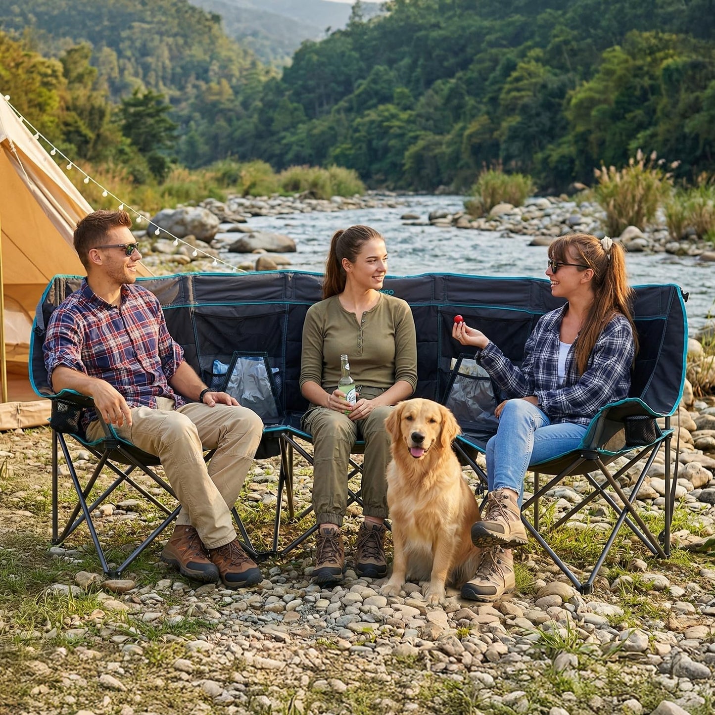 FUNDANGO Extra Wide 3 Person Camping Chair for Adults with Cooler, 1000 LBS Heavy Duty Oversized Camp Couch, Padded Folding Seat with Cup Holders for Outdoor, Sports & Lawn