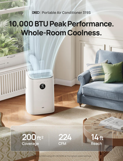 DREO Portable Air Conditioner 318S, 8000 BTU ASHRAE (5000 BTU DOE) Smart AC Unit for Bedroom with Drainage-free Cooling, Fan&Dehumidifier 3 in 1, APP/Voice/Remote, Quiet Standing AC for Room Indoors