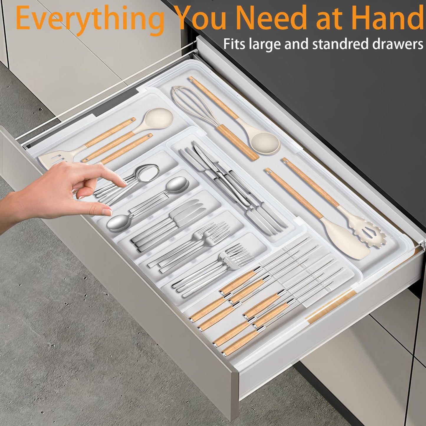 Homecor Silverware Organizer - Expandable Large Kitchen Drawer Organizer Utensil Organizer with 2 Removable Knife Blocks, 22"x 19"Cutlery Tray Drawer Dividers for Kitchen Flatware(6-9 Slots) (Black)