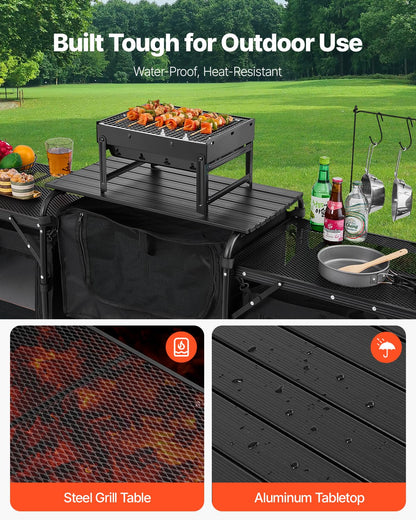 VEVOR Camping Kitchen Table, Outdoor Camp Cooking Table, Aluminum Portable Cook Station with 3 Storage Cupboard, Carrying Bag, Detachable Windscreen, Quick Set-up for BBQ Party Picnic RV Travel, Black