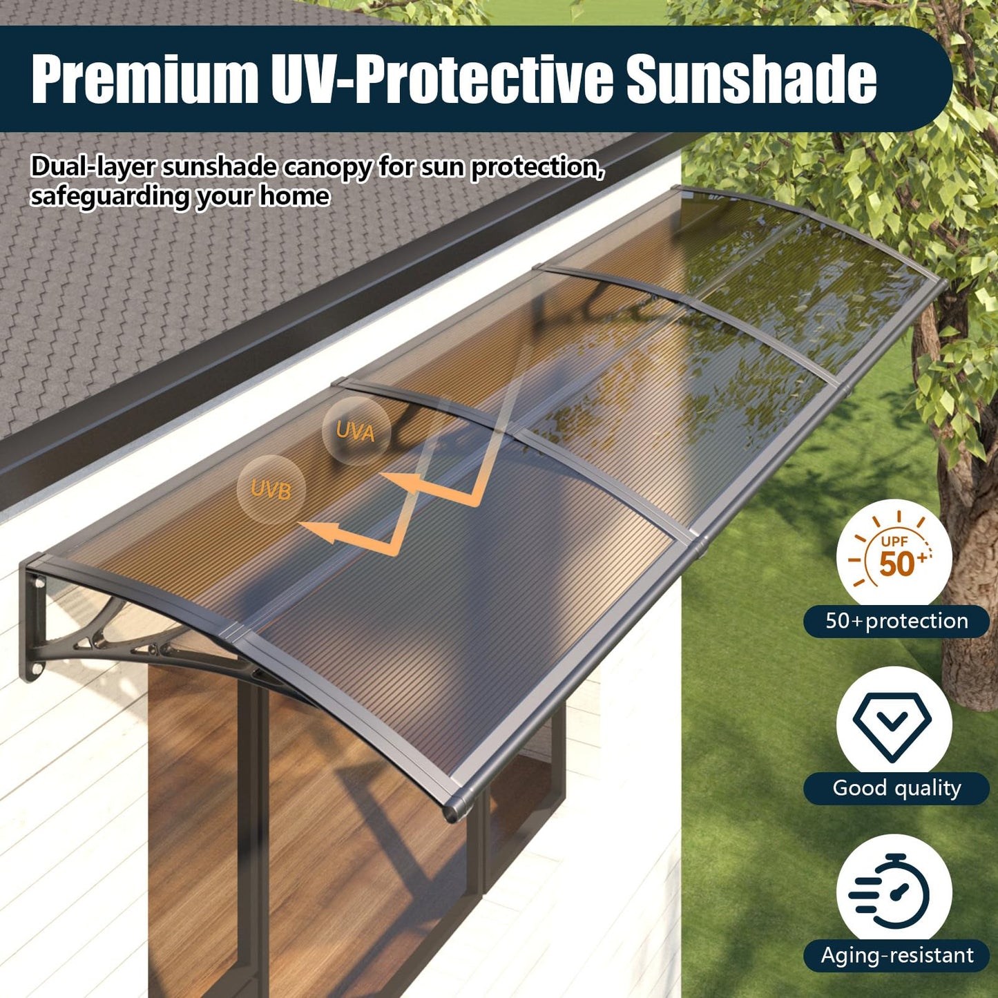 NEBAIKA Awning for Outside, 40x40 UV-Resistant Rain and Snow-Proof House Overhang Canopy, Polycarbonate Door Awnings Exterior for Outdoor Patio, Porch, Deck, Window