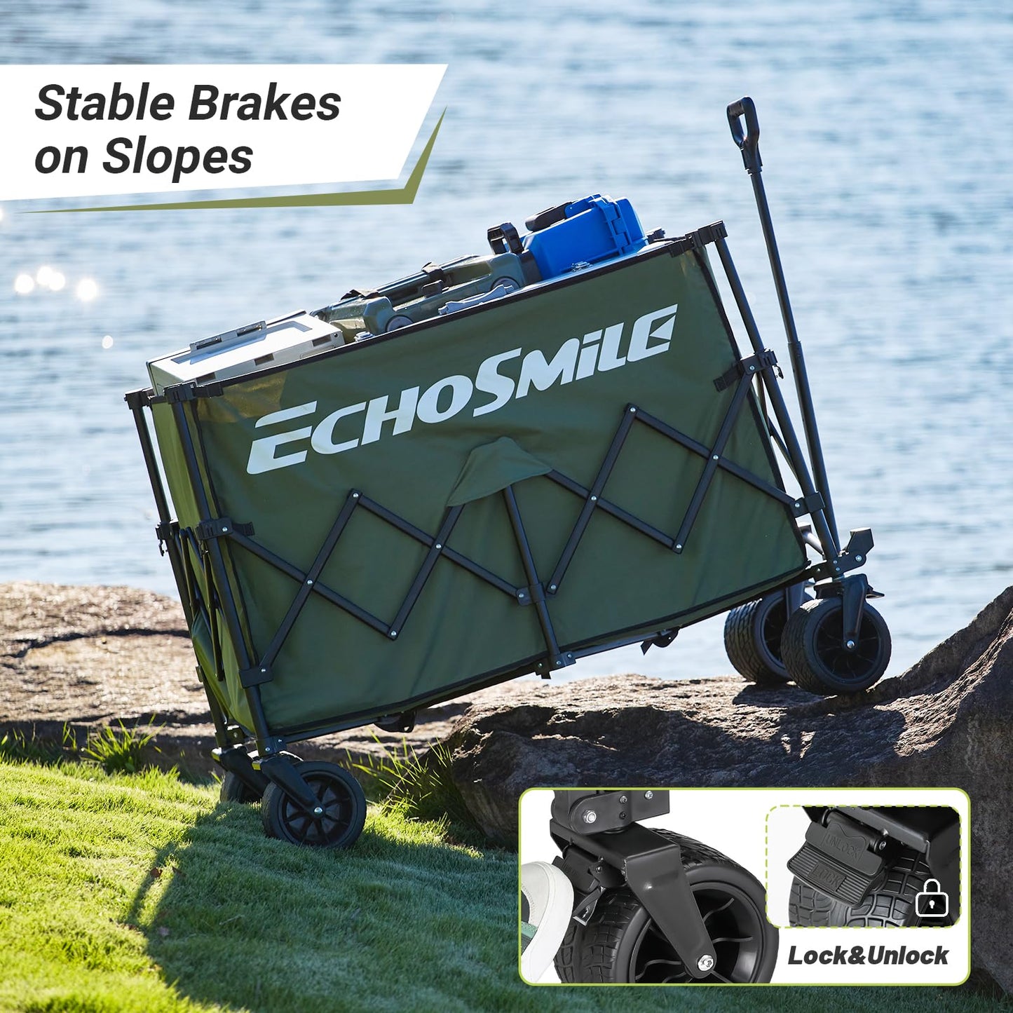 EchoSmile Collapsible Foldable Extended Wagon with 500Lbs Weight Capacity, 300L Folding Utility Wagon Cart with Big All-Terrain Wheels for Beach,Sport,Garden&Grocery (Green)