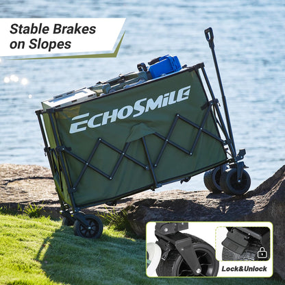 EchoSmile Collapsible Foldable Extended Wagon with 500Lbs Weight Capacity, 300L Folding Utility Wagon Cart with Big All-Terrain Wheels for Beach,Sport,Garden&Grocery (Green)