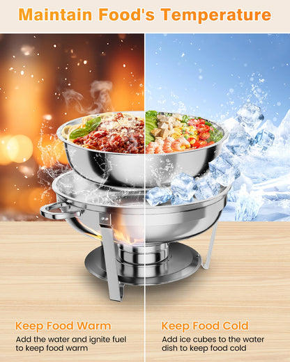 5QT Chafing Dish Buffet Set of 6 Pack, Food Warmers and Servers Round Stainless Steel Chafer with Food & Water Pan, Lid, Frame, Fuel Holder for Catering,Parties and Festivals