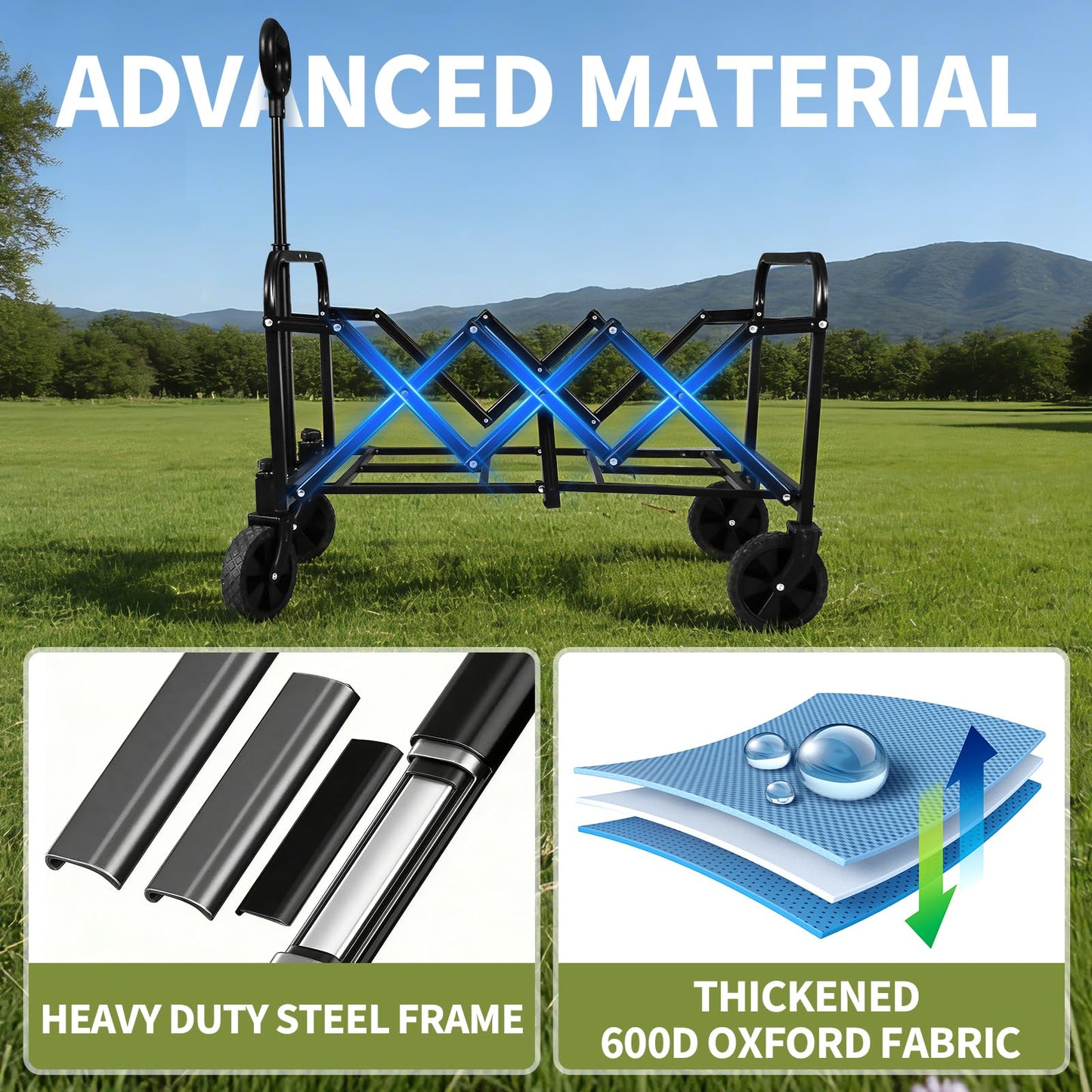 QEZER Foldable Wagon Cart, Collapsible Utility Wagon with All Terrain Wheels, Portable Folding Cart for Camping Garden Shopping Grocery Sports (Black, 120L)