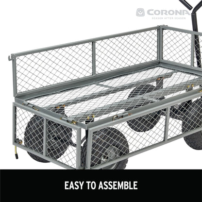 Corona Metal Landscape Cart 400 Pound Capacity Fold Down Sides 10 Inch Pneumatic Tires for Yard, Gardening, Bark, Planting