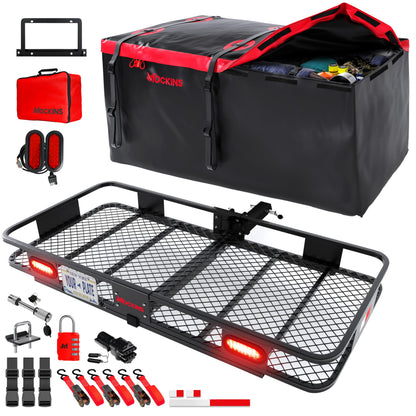 Mockins 70"x30"x6" XXL Folding Trailer Hitch Cargo Carrier w/Rear Lights, Plate Bracket & 40 CuFt Waterproof Cargo Bag for Hitch Carrier | 500 Lbs Cap Luggage Rack for SUV Car & Truck w/Accessories