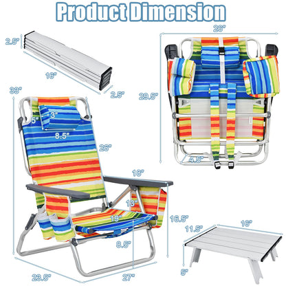 Giantex Folding Camping Chair, 3 PCS Beach Chair and Aluminum Table Set, Patio Sling Chairs with 5 Adjustable Position, Backpack Lawn Chair for Fishing, Travelling, Sunbathing Chairs Set