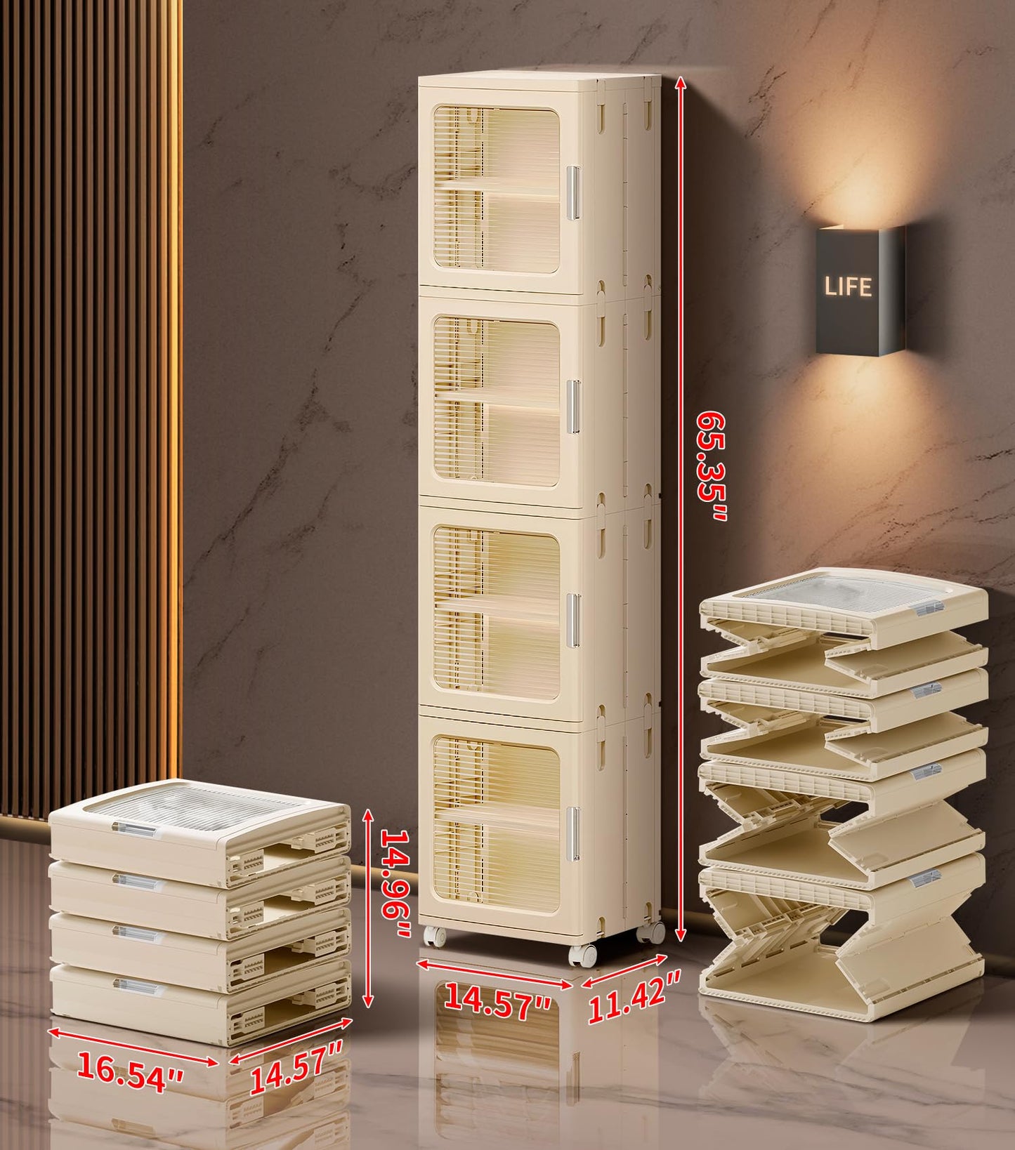BUMODEL 4-Tier White Slim Storage Cabinet and 4-Tier Beige Slim Storage Cabinet with Doors and Adjustable Shelves