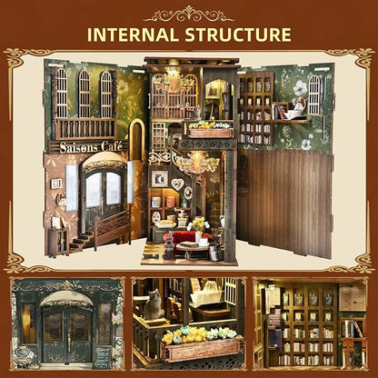 Book Nook Kit DIY Miniature Dollhouse Book Nook Kit with Dust Cover and LED Light (Saisons Café)
