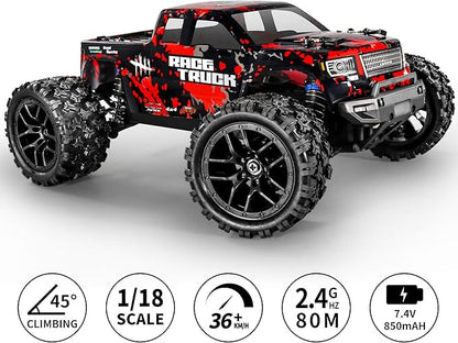 HAIBOXING 1:18 Scale All Terrain RC Car 36KM/H High Speed 4WD Electric Vehicle2.4 GHz Radio Controller Included 2 Batteries and A ChargerWaterproof Off-Road Truck (Red)
