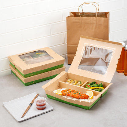 Restaurantware Paper Bento Box 100 Count 78 Ounces Paper Lunch Container Kraft Food Box, Greaseproof Disposable Three Compartment Meal Prep Box with Transparent PLA window