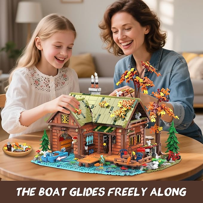 Overwater Cabin Mini Building Set with Light 2423 PCS Wooden Forest House Building Block Toy with Boat Bike Animals Home Decor Treehouse Construction Model Kit for Adults Teens Boys Girls 12+