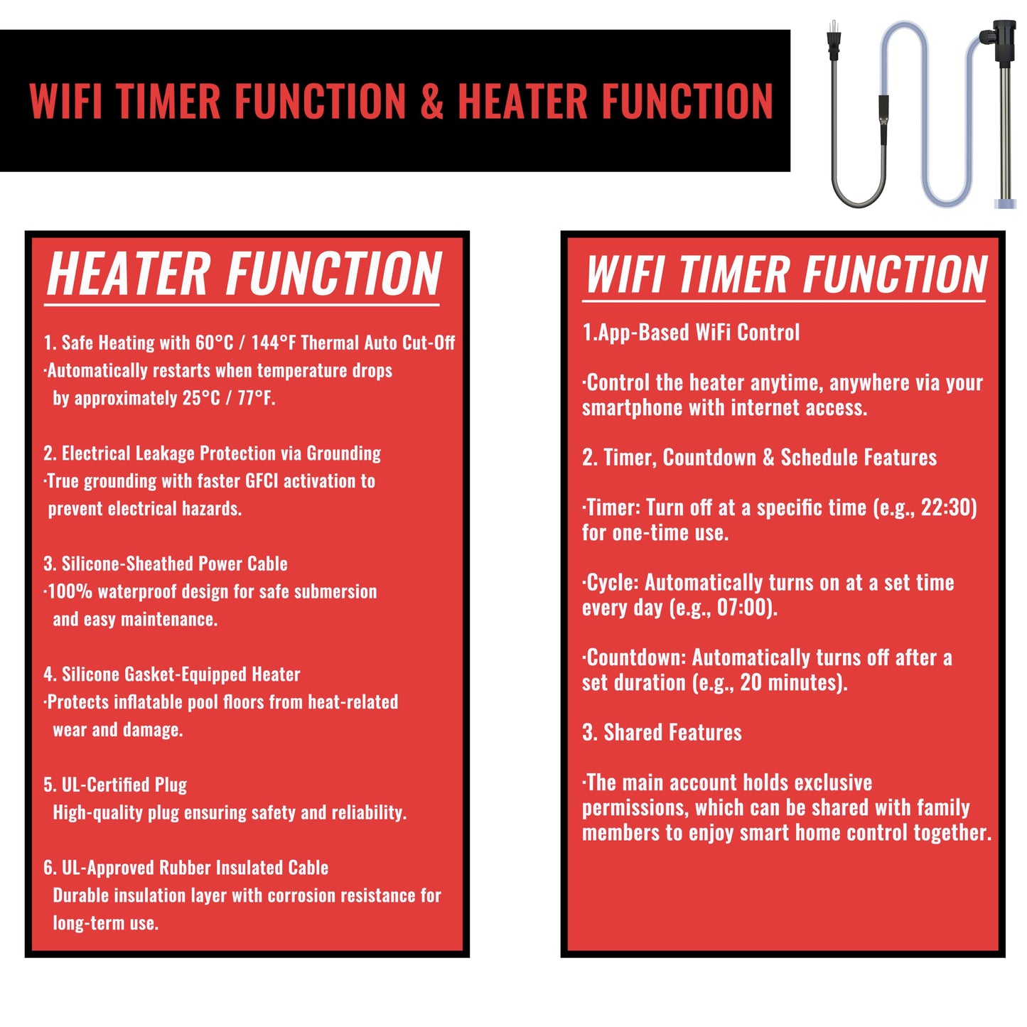 JHAOHEATE 3000W 240V Immersion Water Heater with Temp Control & WiFi Timer – Portable Submersible Heater for Baptistry, Above-Ground Pool, Spa, Inflatable Pool, Baptismal Pool, Bathtub & Hot Tub