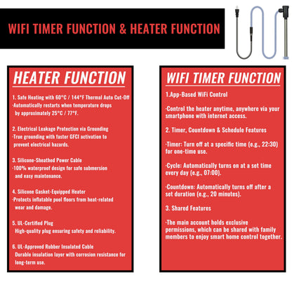 JHAOHEATE 3000W 240V Immersion Water Heater with Temp Control & WiFi Timer – Portable Submersible Heater for Baptistry, Above-Ground Pool, Spa, Inflatable Pool, Baptismal Pool, Bathtub & Hot Tub