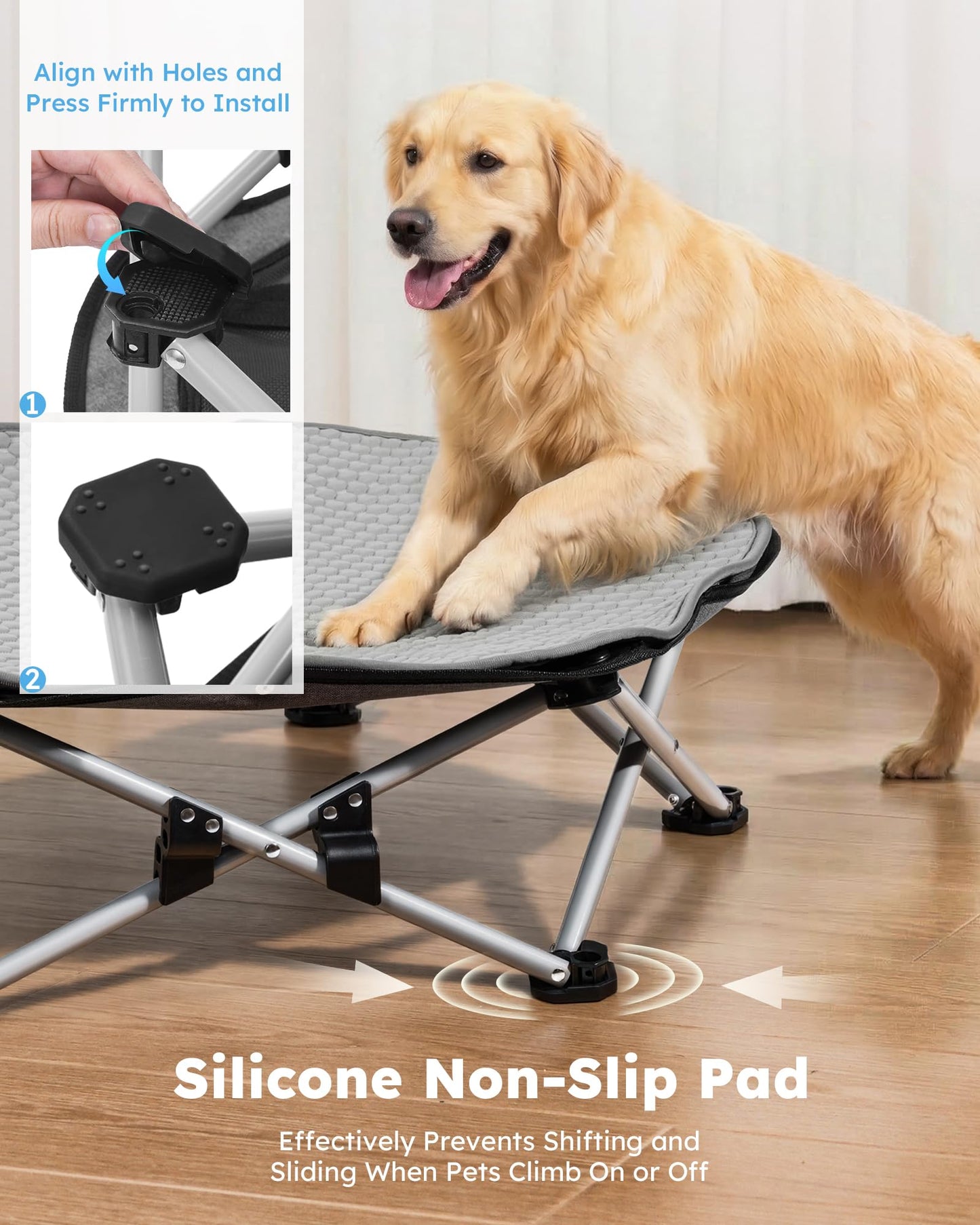Pecute Elevated Dog Bed with Cooling Blanket, Chew Proof Outdoor Pet Cot for Large Dogs, Tool-Free Assembly & 360° Breathable Mesh for Summer Camping, Orthopedic Joint Support, XL, 38.2×35.4×7.9"