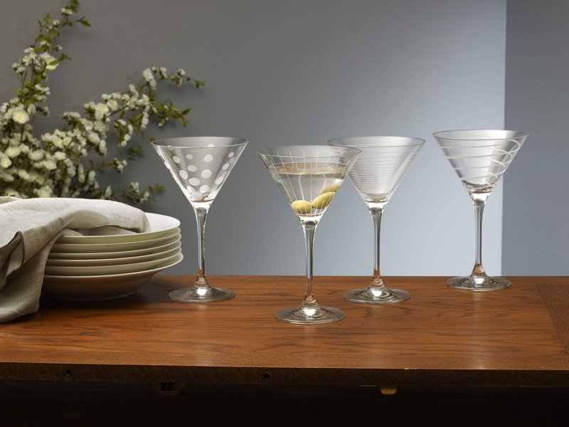 Mikasa Cheers 10-Ounce Martini Glasses, Fun Etched Designs, Durable Clear Glass Cocktail Glassware, Set of 4, Perfect for Entertaining and Gifting