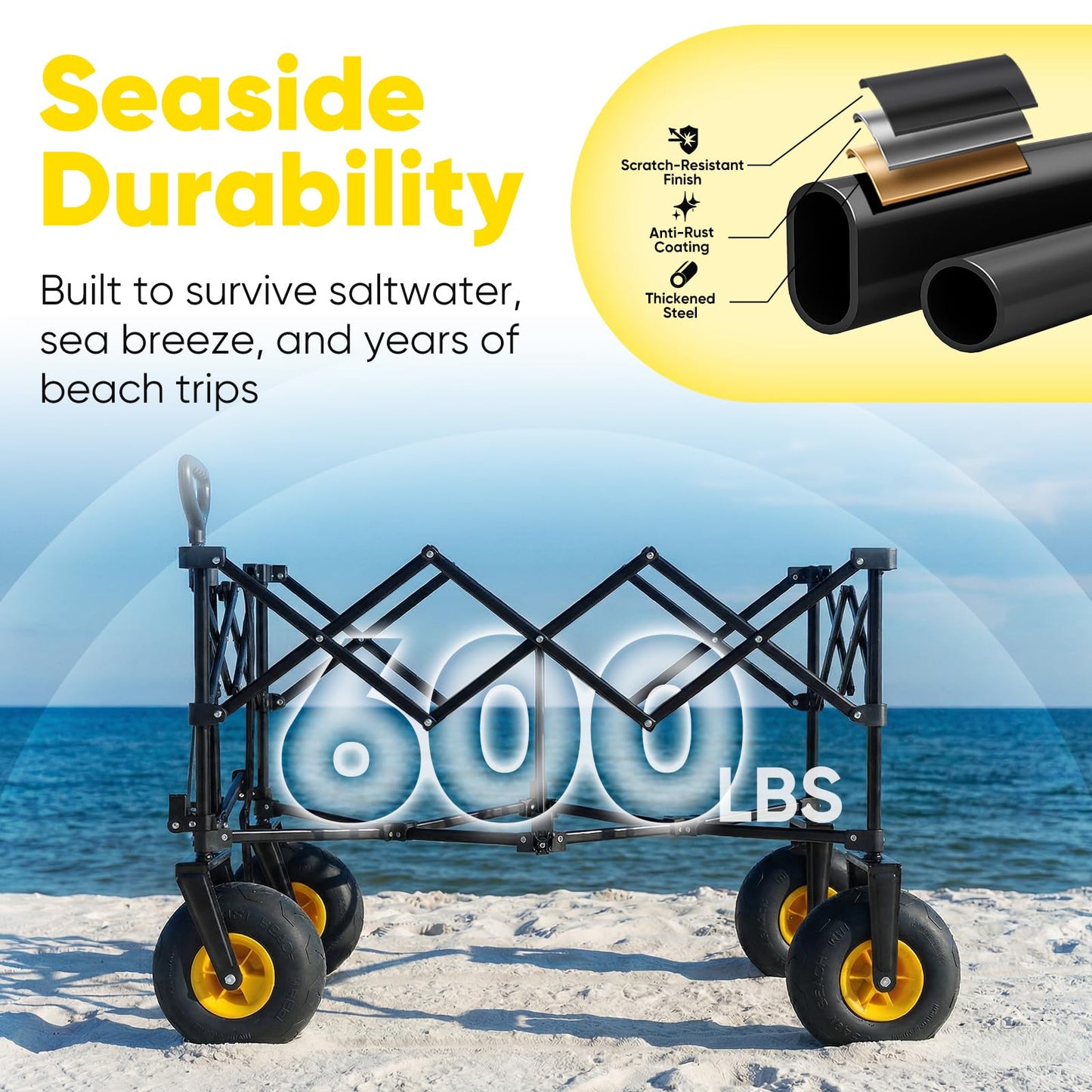 Sekey Heavy Duty Beach Wagon with 9" Big Sand-Proof Wheels – 600lb Capacity, 200L Oversized Foldable Cart | Adjustable Handle & All-Terrain Tires for Sand, Camping, Groceries