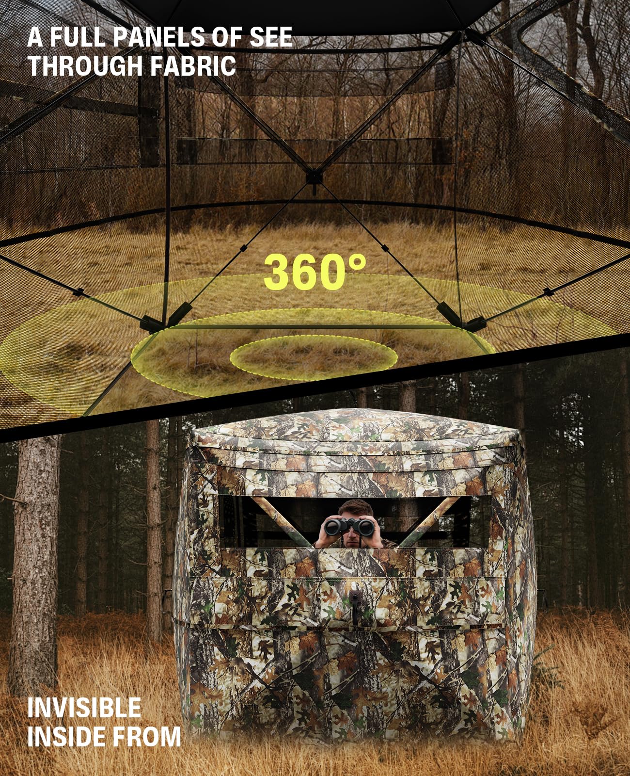 Hunting Blind 360° Silent See Through Blind with Swing Door, 2-3 Person Pop Up Ground Blind with Carrying Bag, Portable Hunting Tent for Deer & Turkey Hunting