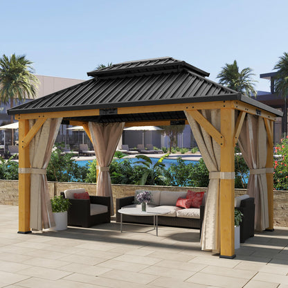DWVO 11X13FT Gazebo Wood Outdoor Wooden Frame Double Roof Hardtop Galvanized Steel Top Canopy w/Curtain and Netting, Patio Heavy Duty for Deck, Backyard
