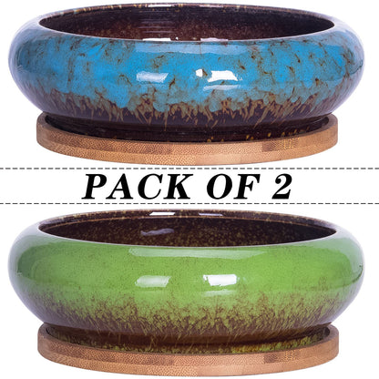 ARTKETTY Succulent Pots - 7.3 Inch Pack of 4, Shallow Bonsai Pots with Drainage, Tray & Bamboo Saucers, Ceramic Indoor Plant Pots for Succulent, Cactus, Flower, Herb