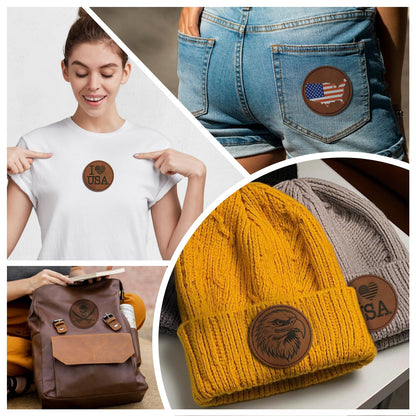 J.CARP 64Pcs Blank Leatherette Hat Patches with Adhesive, Iron on Leather Patches for Hats, Laser Engraving Heat Press Leather Patch for Fabric Clothes Repair Repair Brown Round