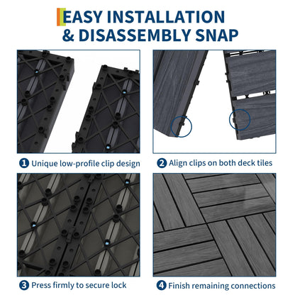 CABIHOME 27pcs 12"X12" Hardwood Interlocking Patio Deck Tiles, Waterproof Composite Wood Patio Flooring Tiles, All-Weather Snap-Together Tiles for Garden Poolside Balcony Porch, Grey