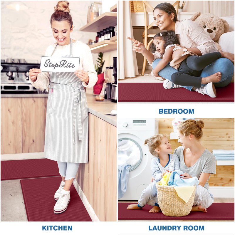 StepRite Kitchen Mats, 2PCS Kitchen Rugs, Cushioned Anti Fatigue Kitchen Mats for Floor, Non-Slip Standing Desk Mat, Waterproof Kitchen Rug Set for Kitchen, Floor, Office, 17.3"x30"+17.3"x70", Red