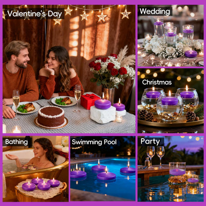 3 inch Purple Floating Candles 8-9 Hours Floating Candle for Centerpieces 30 Packs Unscented Floating Candles 3” Water Candles for Cylinder Vases, Pool, Wedding
