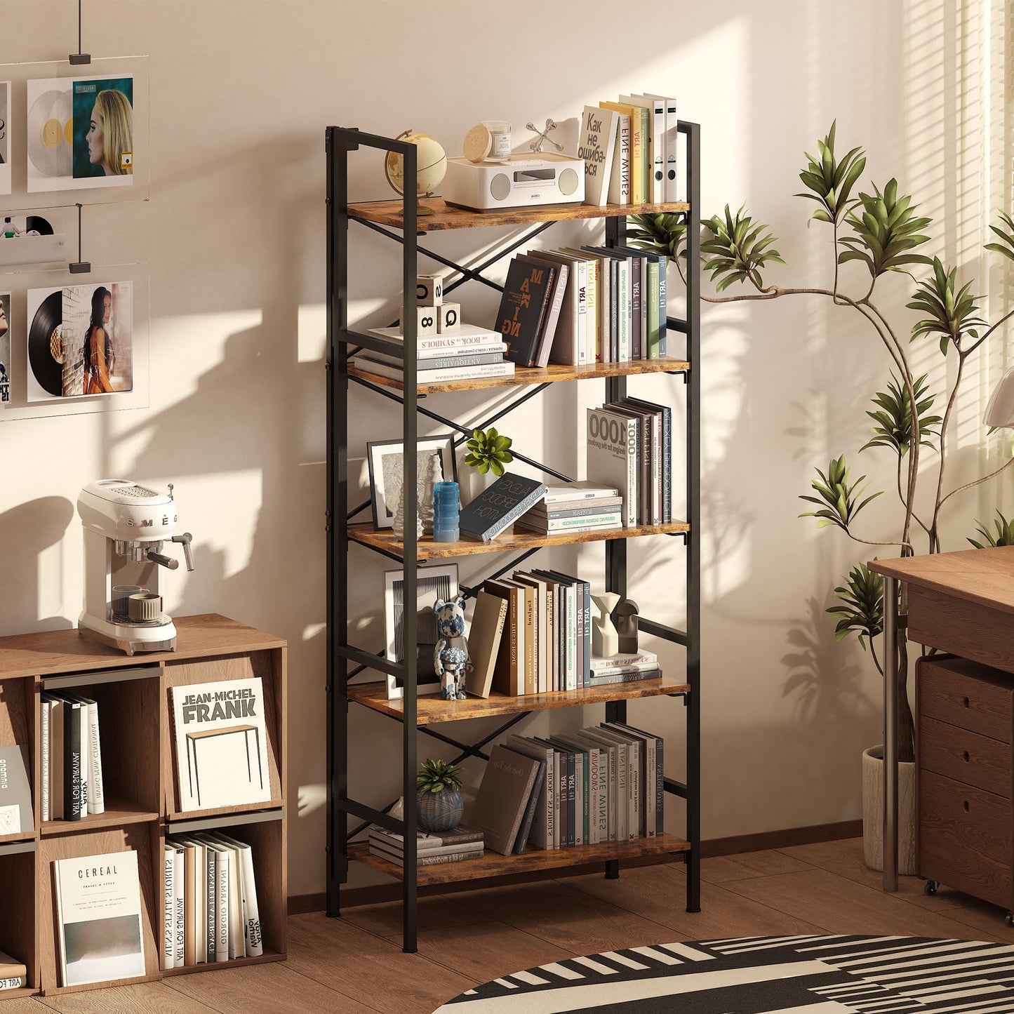 Homeiju Folding Bookshelf,5 Tier Bookcase Foldable Shelf with X-Bracket Design, Adjustable Feet, Space Saving Storage for Living Room, Office, Rustic Brown