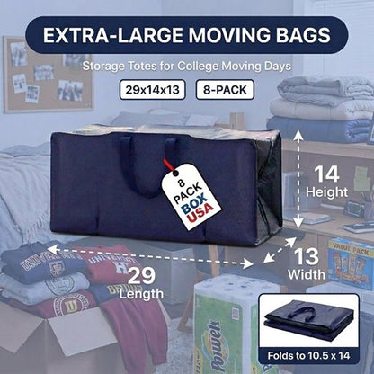 BOX USA 8-Pack Moving Bags - Heavy Duty Extra Large Storage Bags with Strong Handles & Zippers | Blue