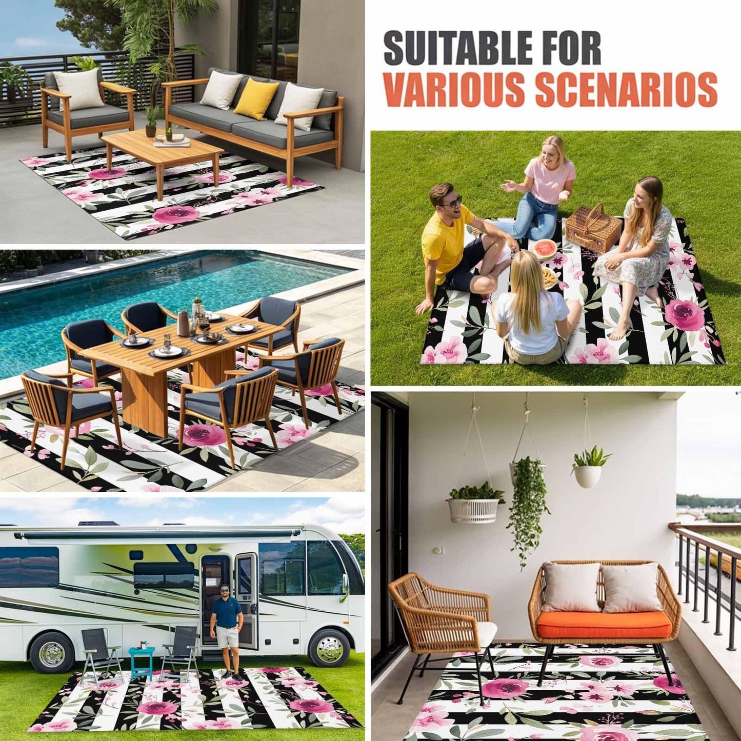 Outdoor Patio Rugs Pink Flowers Illustration Outdoor Area Rug Black and White Stripe Non-Slip Backyard/Camping RV Rug/Deck/Porch Rug Front Door Floor Mat Carpet,5x8ft,