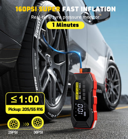 Jump Starter with Air Compressor, Portable Car Battery Jump Starter(12 Gas/10L Diesel), 4000A Peak 160PSI 12V Automobile Jump Box Pack Chargers with Jumper Cables, 4-Mode LED Lights (Black&Red)