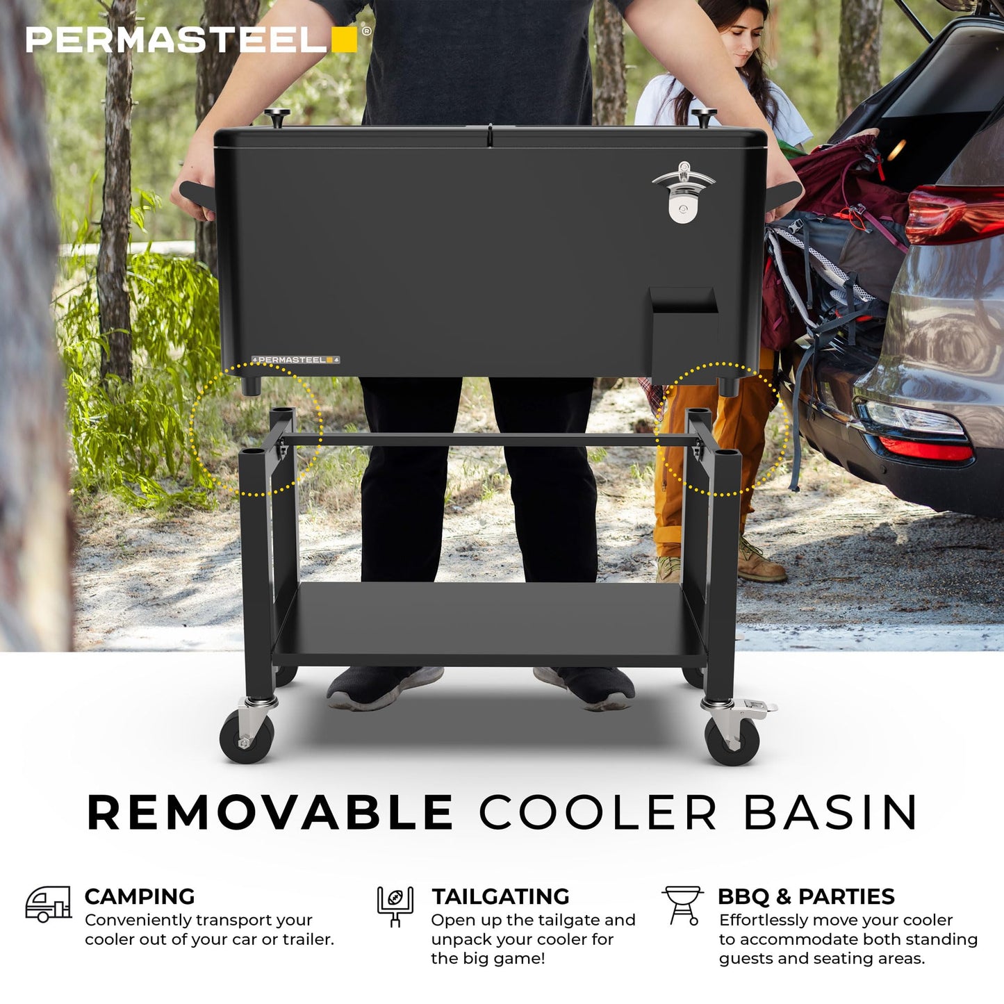 Permasteel Party Cooler with Divider, Removable Basin, Spacious 80-Qt Capacity, Chills 36hrs, Serving Tray, Rolling Ice Chest for Indoor & Outdoor, Matte Black