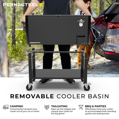 Permasteel Party Cooler with Divider, Removable Basin, Spacious 80-Qt Capacity, Chills 36hrs, Serving Tray, Rolling Ice Chest for Indoor & Outdoor, Matte Black