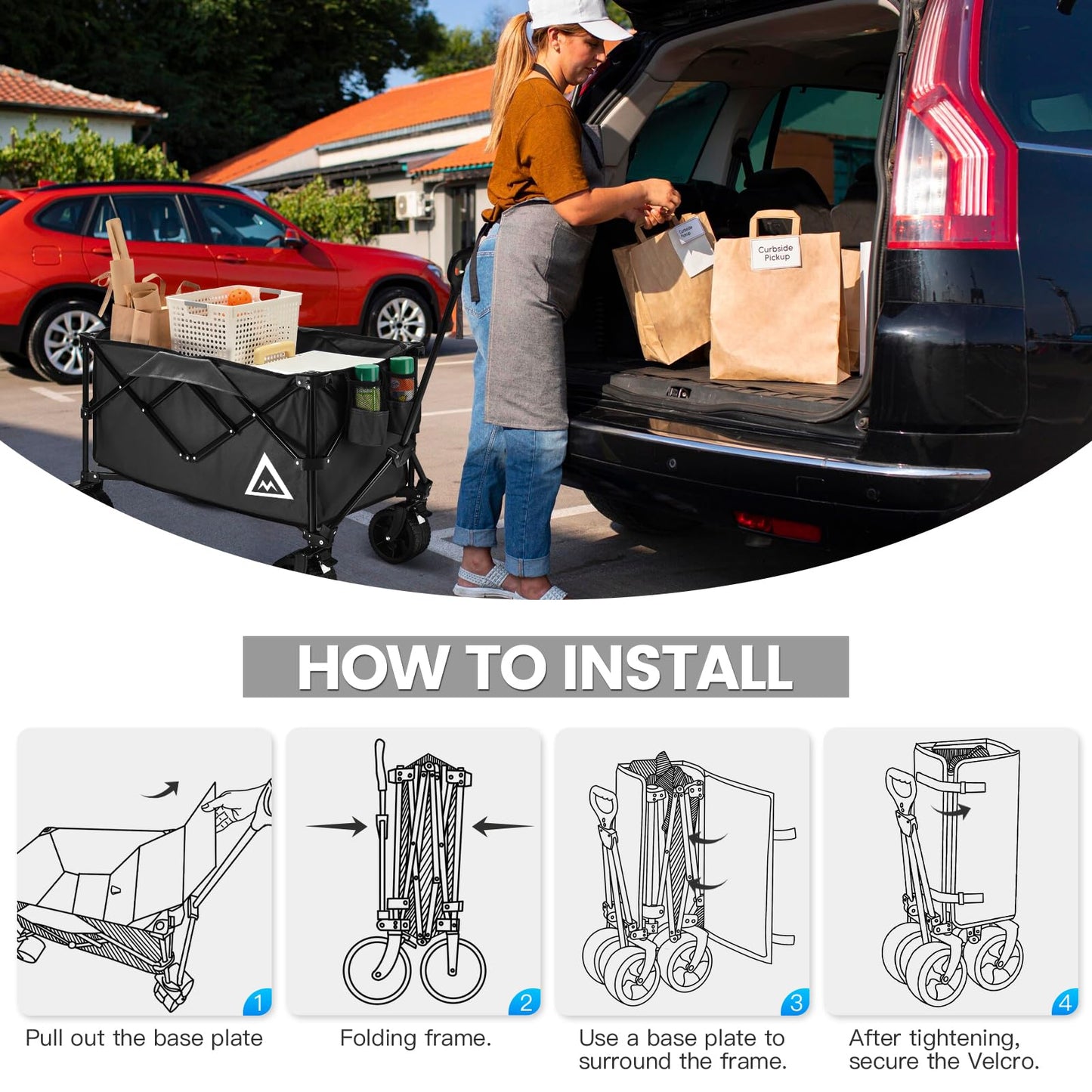 Wagon Cart Shopping Cart Large Capacity Collapsible Wagon with Wheels On Beach Garden Outdoor Utility Carts for Grocery All Terrain Portable Wagons Carts for Groceries Sand Camping Sports Black