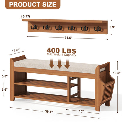 PETKABOO 39.4" Shoe Bench with Coat Rack Hidden Drawer and Side Holder, 2 Tier Entryway Bench with Storage, Bamboo Shoe Rack with Cushion for Entryway Hallway Living Room Bedroom