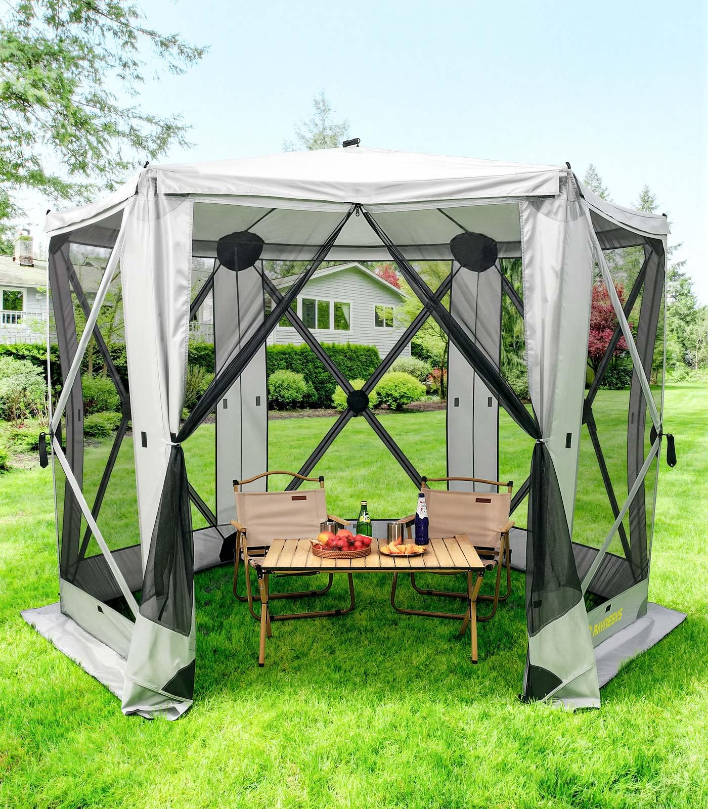 Raynesys 6 Sided Pop Up Gazebo Tent, Camping Screen Tent for 6-8 Person Foldable, Pop-Up Canopy Shelter with Mesh Windows, UV Resistant, Quick Set, Outdoor Gazebo with 6 Removable Wind Cloths, Gray