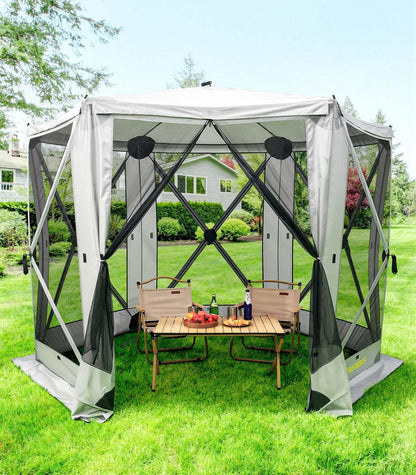 Raynesys 6 Sided Pop Up Gazebo Tent, Camping Screen Tent for 6-8 Person Foldable, Pop-Up Canopy Shelter with Mesh Windows, UV Resistant, Quick Set, Outdoor Gazebo with 6 Removable Wind Cloths, Gray