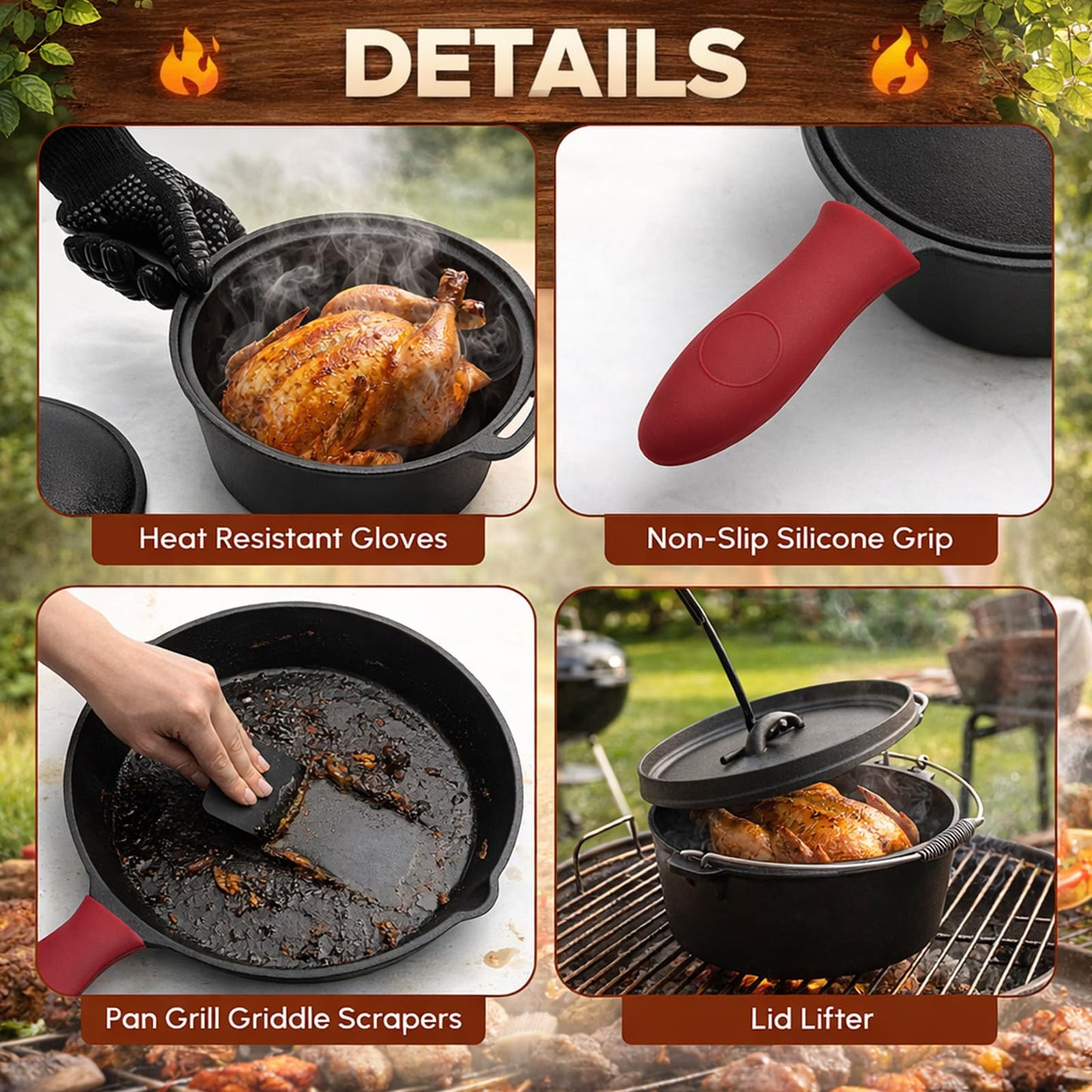 Geetery 15 Pcs Pre-seasoned Cast Iron Cookware Set, Dutch Oven Camping Accessories Kit with Skillet, Pan, Pot, Gloves, Lid Lifter, Storage Bag, Scrubber for Kitchen Ourdoor Campfire Grill BBQ Cookware