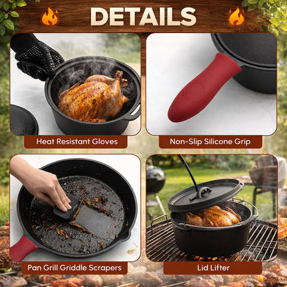 Geetery 15 Pcs Pre-seasoned Cast Iron Cookware Set, Dutch Oven Camping Accessories Kit with Skillet, Pan, Pot, Gloves, Lid Lifter, Storage Bag, Scrubber for Kitchen Ourdoor Campfire Grill BBQ Cookware