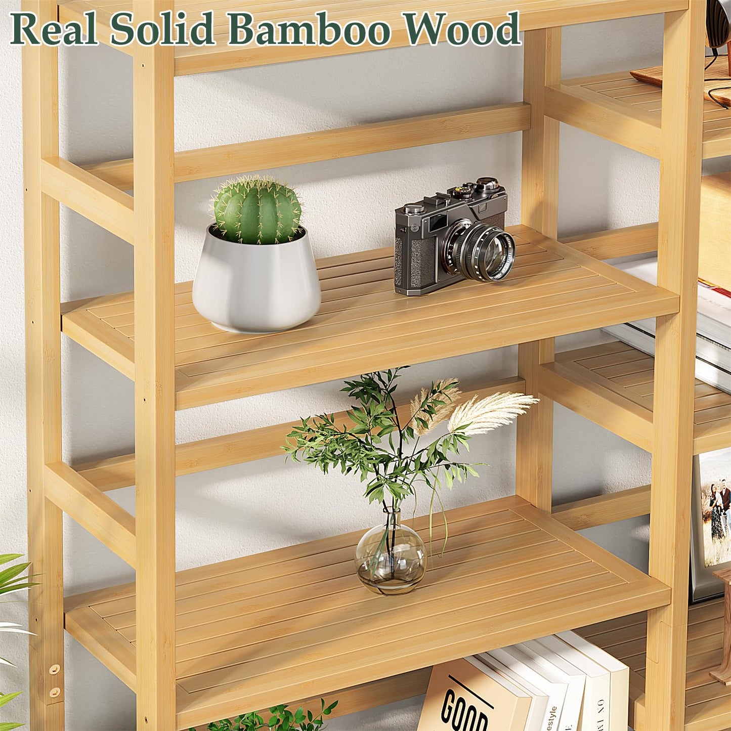 Homykic Bamboo Bookshelf, 71” Tall Triple Wide Bookcase with 17 Open Storage Shelves, 6-Tier Etagere with Back Rails, Large Display Shelf for Books, Plants, Home Office, Living Room, Max Load 748LBS