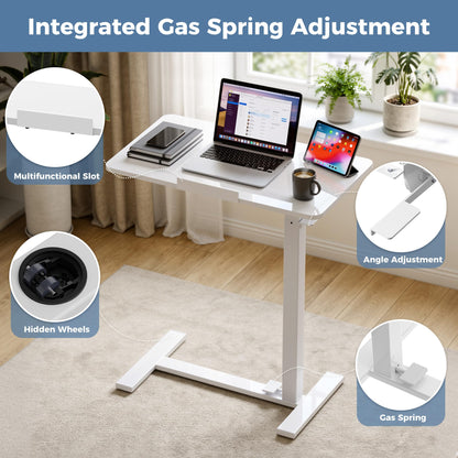 HAPPYMONT Adjustable Overbed Bedside Table with Hidden Wheels, Mobile Standing Desk with Pneumatic Lift, Portable Computer Workstation Cart for Bed, Couch, Office, Sofa, White
