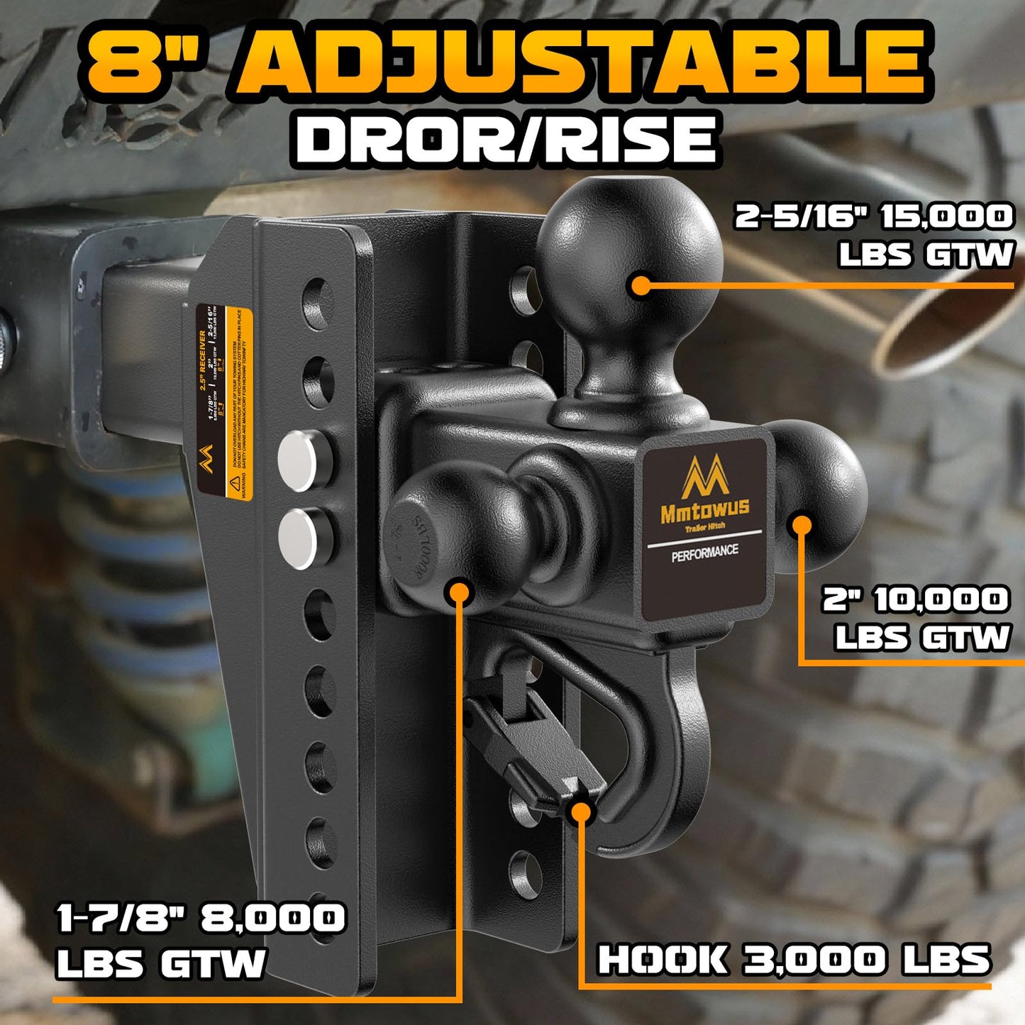 Mmtowus Adjustable Trailer Hitch - Drop Hitch -Tri Ball Mount w/Hook (1-7/8'', 2''&2-5/16''), Fits 2.5-Inch Receiver, 8'' Drop/Rise 15,000 LBS GTW Tow Hitch, 3 Ball Hitches for Trucks, RV, Camper etc