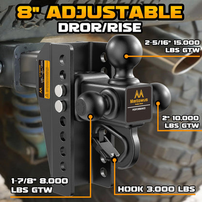 Mmtowus Adjustable Trailer Hitch - Drop Hitch -Tri Ball Mount w/Hook (1-7/8'', 2''&2-5/16''), Fits 2.5-Inch Receiver, 8'' Drop/Rise 15,000 LBS GTW Tow Hitch, 3 Ball Hitches for Trucks, RV, Camper etc