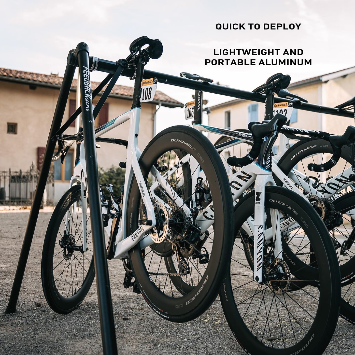 Feedback Sports | A-Frame Portable Bike Storage Rack with Travel Bag | Lightweight Collapsible Aluminum | Bicycle Hanger up to 8 Bikes | For Events | Black