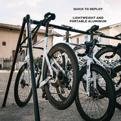 Feedback Sports | A-Frame Portable Bike Storage Rack with Travel Bag | Lightweight Collapsible Aluminum | Bicycle Hanger up to 8 Bikes | For Events | Black