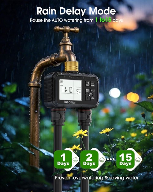 Insoma Water Timer - 2-Zone Brass Inlet & Outlet Hose Timer for Garden | Auto/Manual/Rain Delay Modes